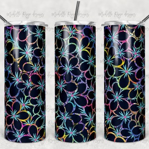 May include: Three stainless steel tumblers with a black background and a colorful floral pattern. The flowers are outlined in a rainbow of colors and have a glittery effect.