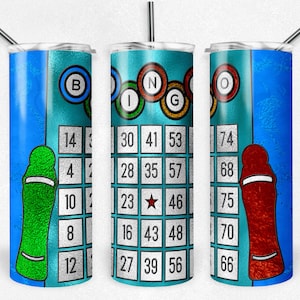 May include: Three blue and turquoise tumblers with a bingo card design. The cards have the letters B, I, N, G, and O at the top and numbers in each square. The tumblers have a green, red, and blue design on the side.