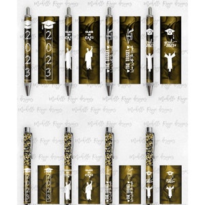 2023 Afstuderen PNG Pen Wraps, 2023 Senior Pen-bestand, Klasse van 2023, Mockup inbegrepen, Schoolkleuren, Zwart goud set 5, Middelbare School, College
