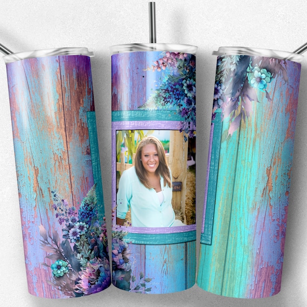 Watercolor floral PNG Tumbler wrap, Purple Teal photo wrap, Sublimation File, Place for Picture, 20 oz Skinny Tumbler Design. Flowers, PNG