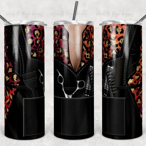 Hairdresser, Hair Stylist, Bright Leopard Print Shirt, Black Apron, Ruffle Apron, Sublimation, 20 oz Skinny Tumbler, Instant Download