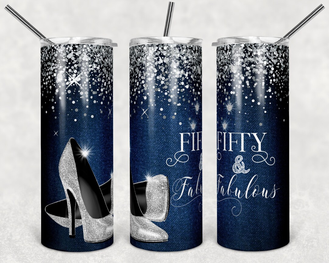 Fifty and Fabulous Sublimation PNG Tumbler Wrap, Denim & Diamonds