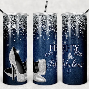 Fifty and Fabulous Sublimation PNG Becher, Denim & Diamanten Design, Skinny 20 oz Becher, 50th birthday, Instant Download, PNG