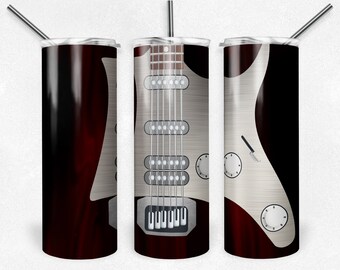 May include: A stainless steel tumbler with a black and red guitar design. The guitar has a silver body and a black pickguard. The tumbler has a straw.