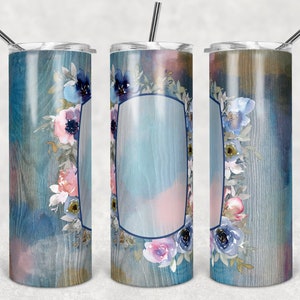 Blauwe en roze aquarel bloemen houtnerf met lege ruimte, magere bekers, 20 oz tuimelaar, Instant Download, PNG