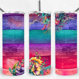 Florales en blanco, envoltura PNG, diseño de grano de madera arcoíris, archivo de vaso de sublimación, diseño de vaso de 20 oz, descarga digital, maqueta incluida