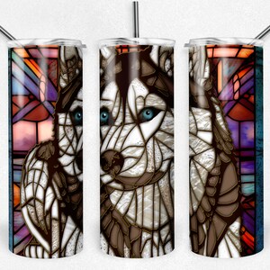 Sibérien Husky Vitrail PNG Wrap, Fond beige et corail, Fichier Sublimation Tumbler, 20oz Tumbler Design, Téléchargement numérique, PNG Dog Mom