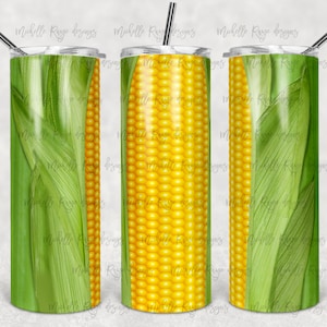 May include: Three stainless steel tumblers with a design of corn on the cob. The tumblers are white with a green husk and yellow kernels.