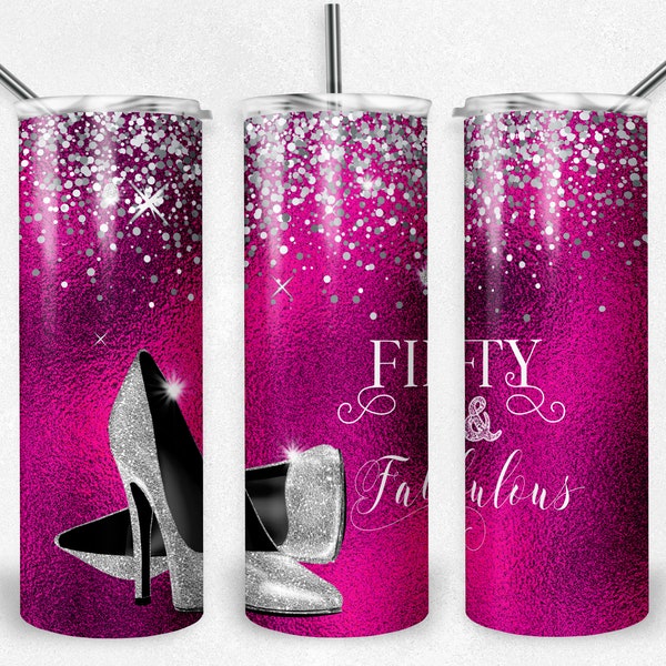 Fifty and Fabulous sublimation PNG tumbler wrap, Hot Pink and Diamonds Design, Skinny 20 oz Tumblers,  50th birthday,  Instant Download, PNG