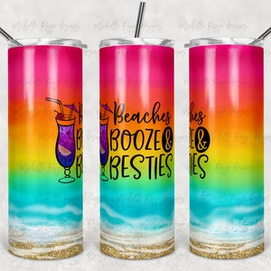 Bright Rainbow Beach Waves, Beaches Booze and Besties, Sublimation, Skinny Tumblers, 20 oz Tumbler, Téléchargement instantané, Maquette, PNG
