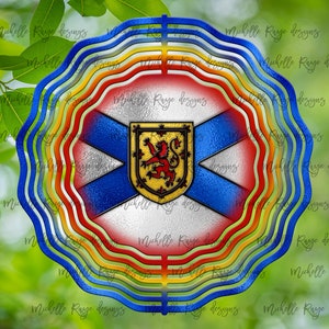 May include: A colorful metal wind spinner with a design of the flag of Nova Scotia, featuring a red lion on a gold shield. The spinner has multiple layers of wavy metal in shades of blue, red, yellow, and orange.