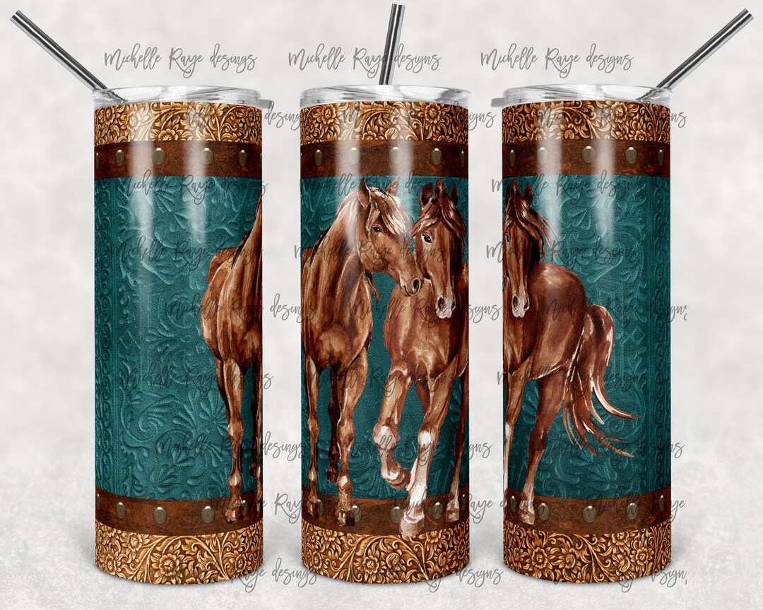 Watercolor Wild Horses on Teal and Brown Tooled Leather, Western ...