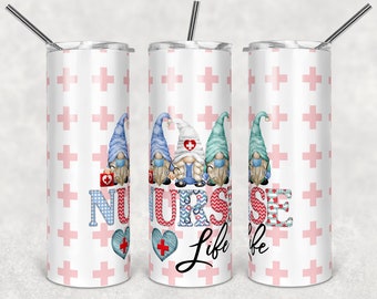 Nurse life Sublimation PNG Wrap, Medical Gnomes Tumbler design,  Nurselife 20 oz Skinny Tumbler File, Gnomes and Nurse instant download, PNG