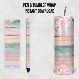Grano de madera floral pastel, combo de lápiz y vaso flaco de 20 oz, diseño de sublimación, descarga instantánea