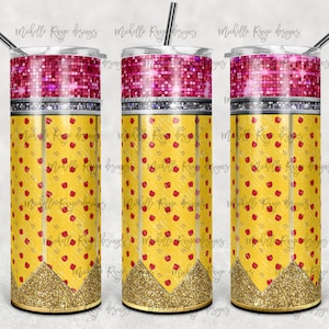 Teacher, Pencil Apples, Yellow, Glitter, 20 oz Skinny Tumbler, Sublimation Design, Digital Download PNG, Instant DIGITAL ONLY