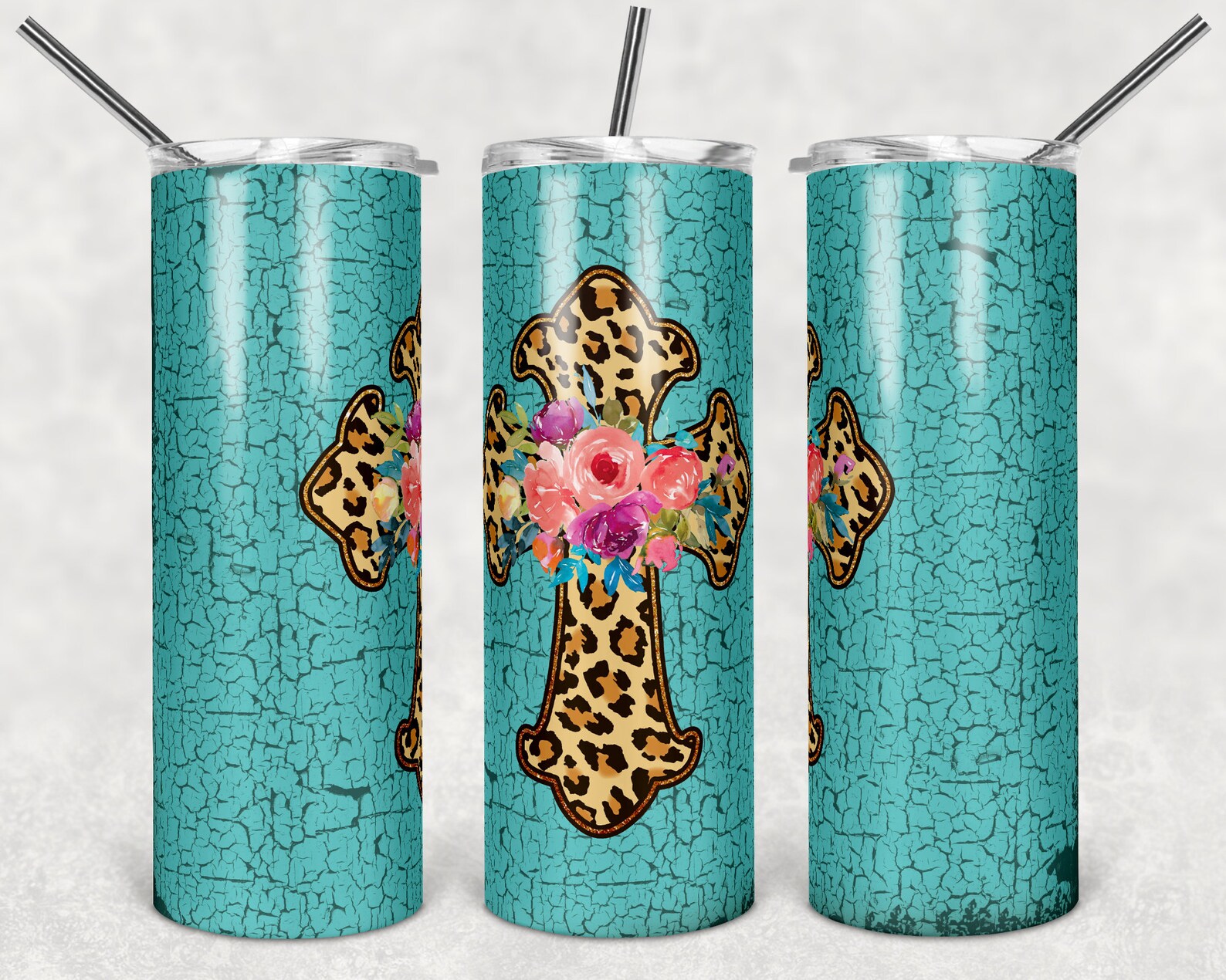 Cross With Teal Crackle Paint 20oz Tumbler Design Template Etsy