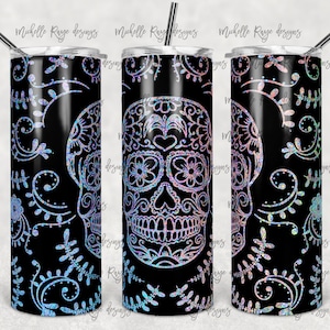 Sugar Skull Pastels, Black Background 20 oz Skinny Tumbler, Sublimation Design, Digital Download PNG, Instant DIGITAL ONLY