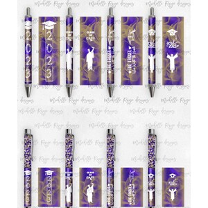 2023 Afstuderen PNG Pen Wraps Paars en Goud Set 5,2023 Senior Pen-bestand, Klasse van 2023 Mockup inbegrepen, Schoolkleuren, Middelbare School, College