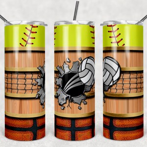 Baloncesto de softbol y voleibol con rayas de grano de madera, vasos flacos, vaso de 20 oz, descarga instantánea, PNG