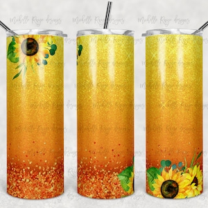 Sunflowers on Orange Glitter Ombre, Sublimation, Skinny Tumblers, 20 oz Tumbler, Instant Download, PNG