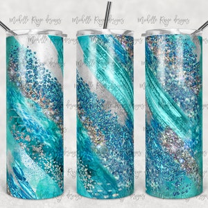 Teal Blue Silver Glitter Melkweg, Sublimatie, 20 oz. Magere bekers, Instant Digitale Download, PNG