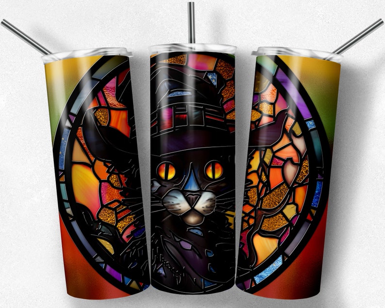 Halloween Stained Glass Black Catpng Tumbler Wrap, Halloween Cat 20 Oz ...
