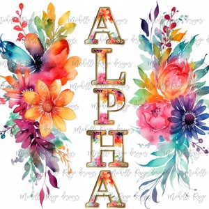 Alfabeto floral de acuarela, bisel dorado, superposiciones PNG, superposiciones de letras, imágenes prediseñadas ABC, alfas, fuente PNG hecha para combinar, letras florales brillantes