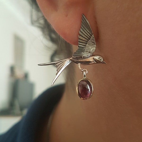 Sterling Silver Earring;Silver Swallow Bird Earrings;Specially designed silver earrings with swallow detail;for women,handmade design;garnet