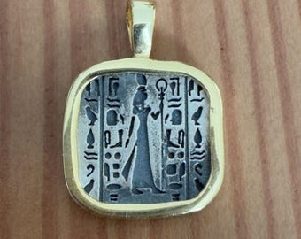 Ancient Egyptian Hieroglyph Pendant – Gold Framed Silver Amulet, Archaeology Inspired Necklace