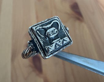 Oxidized Sterling Silver Horned Symbol Signet Ring, Archaeology Inspired