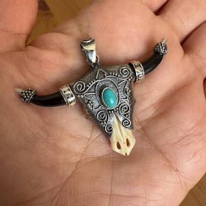 Carved Bone Longhorn Pendant: Turquoise Stone, Sterling Silver Bull Skull