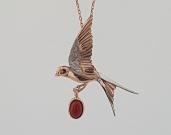 Swallow Silver Pendant, Silver Swallow Bird Pendant, Red Sardonyx Stone Pendant, Custom Design Silver Pendant, birthday gift