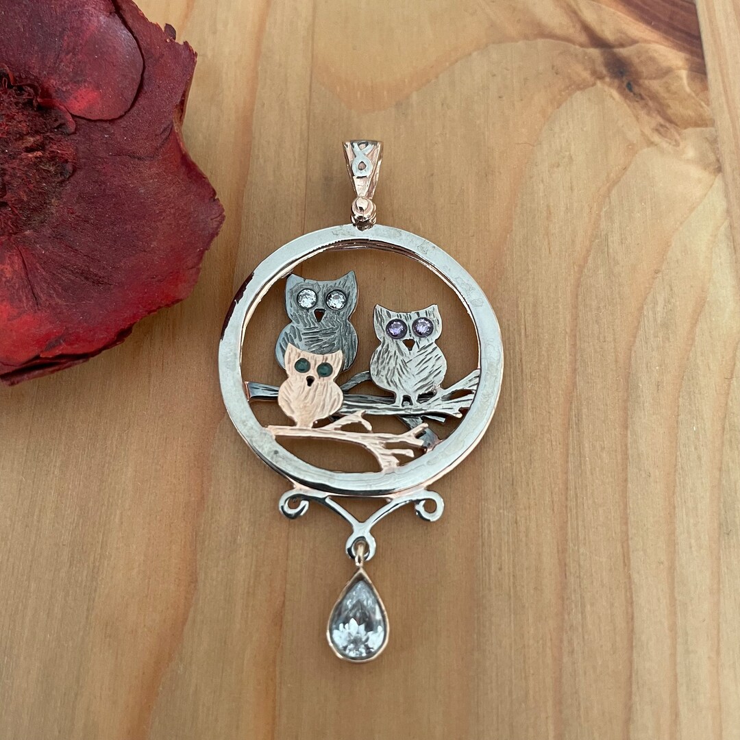 925 Sterling Silver Owl Pendant With Zircon, 3D Owl Family Necklace ...
