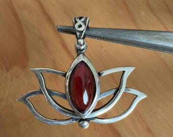 Lotus Flower Pendant with Red Garnet, 925 Sterling Silver Lotus Necklace, Spiritual Boho Jewelry, Handmade Gemstone Pendant, Gift for Her