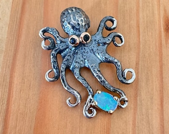 Oxidized Sterling Silver Octopus Pendant: Opal & Zircon Eyes