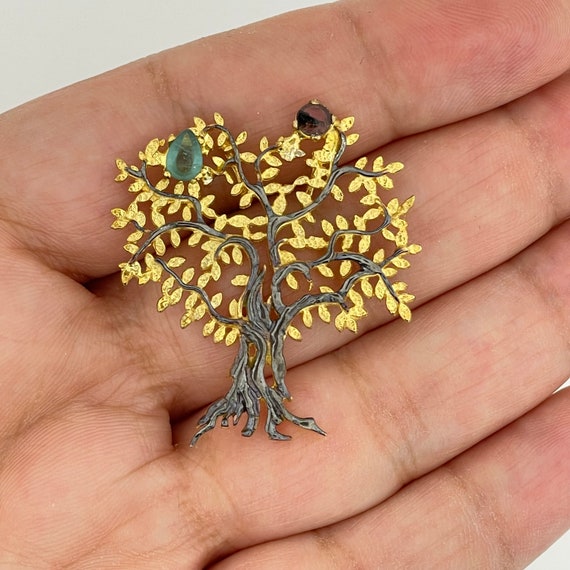 Sterling Silver Tree of Life Pendant: Gold Leaves, Tourmaline Stones