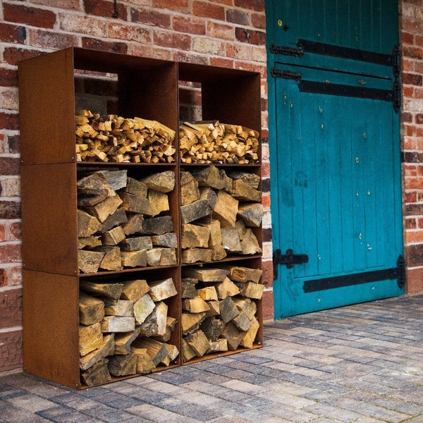 Corten Square Log Store -UK Made -Weathering Steel -Square Metal Modular Log Store - log basket- Firewood Storage - Outdoor Log Store