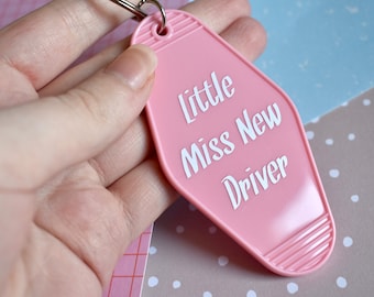 Little Miss New Driver Pink Motel Keyring With White Design