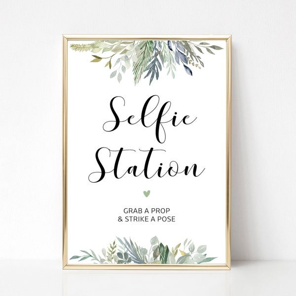 Selfie Station Photo Wedding Sign, Green Foliage, Printed Sizes A5, A4