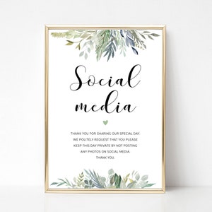 No Photos on Social Media Wedding Sign, Green Foliage, Printed Sizes A5, A4