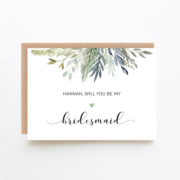Personalised Will You Be My Bridesmaid Card, Flower Girl, Maid of Honour, Bridesmaid Proposal Card, Green Foliage Design