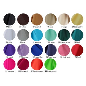 Pode incluir: Uma carta de cores com 22 amostras de tecido diferentes, cada uma etiquetada com um número e um nome de cor. As cores incluem preto, café, caramelo, nude, bege, amarelo bebê, branco, cinza, azul lago, aqua, verde caçador, turquesa, violeta, lavanda, azul royal, azul marinho, rosa pó, vermelho, magenta, bordô, laranja neon e verde neon.