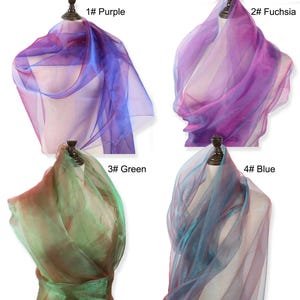 May include: Four sheer scarves in shades of purple, fuchsia, green, and blue are displayed on mannequins. Each scarf is draped to showcase its color and texture. The text labels each scarf with a number and color name: 1# Purple, 2# Fuchsia, 3# Green, and 4# Blue.