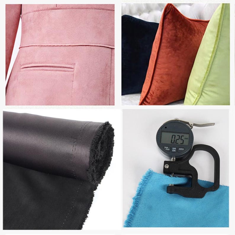 May include: Close-up of fabric swatches in various colors and textures, including pink suede, black satin, and a blue fabric with a frayed edge. A fabric gauge reads 0.25 mm.