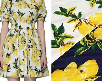 Lemon print fabric 100% cotton poplin - 100gsm weight - 58" wide, sold by the yard continuous