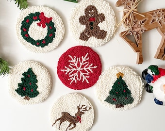 Christmas Punch Needle Coasters | Handmade Mug Rug | Drink Coasters | Christmas Decoration | Kitchen and Dining | Christmas Gift