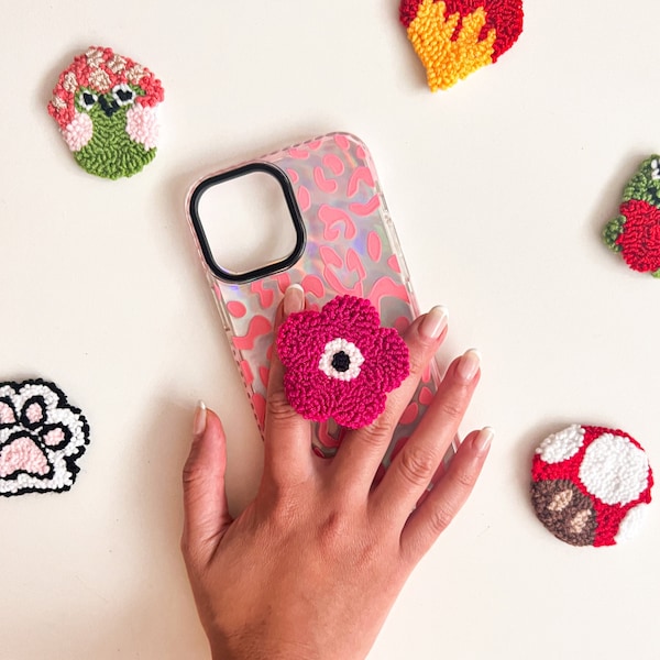 Pink Evil Eye Flower Phone Grip | Fluffy Tufted Phone Holder | Cute Phone Accessories for Women | Handmade Phone Holder Stander