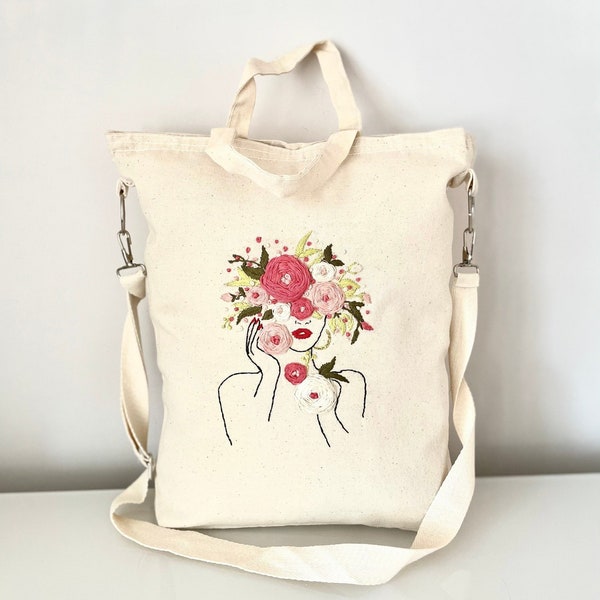 Kit de sac en toile pour femme florale | Kit de sac fourre-tout féministe brodé | | de broderie pour débutants | de broderie moderne Kit de bricolage | Cadeau de couture