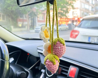 2 pcs Strawberry Mirror Hanging | Rear View Mirror Hanging | Car Charm | Car Ornaments | Funny Car Decor | New Car Gift | Pink Car Accessory