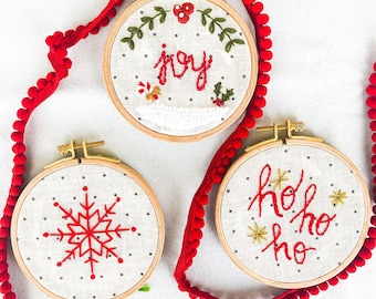Christmas Embroidery Ornaments Kit Set | Joy | Snowflake | Ho Ho Ho | Christmas Hoop Art | Christmas Decoration | DIY Kit | Craft Kit